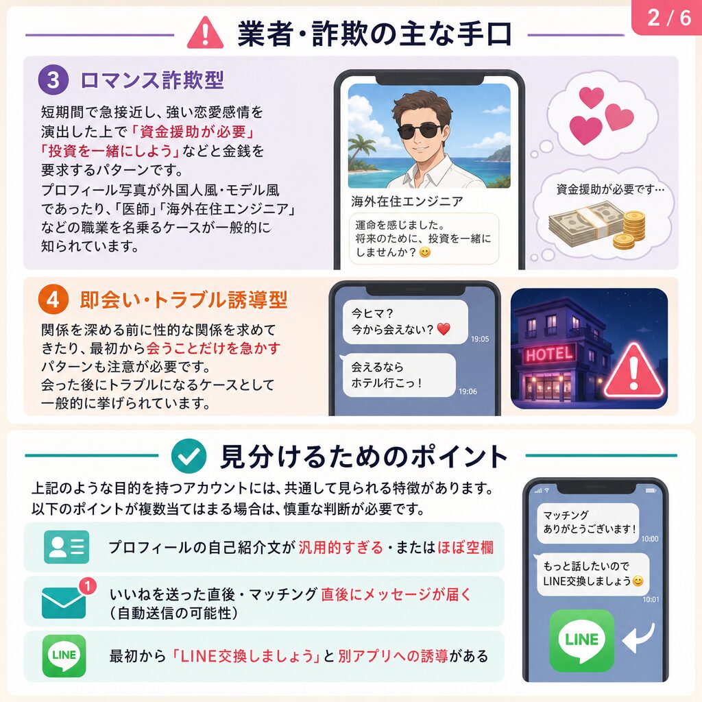 不審なプロフィール画面が表示されたスマートフォンを見て警戒している人のイメージ