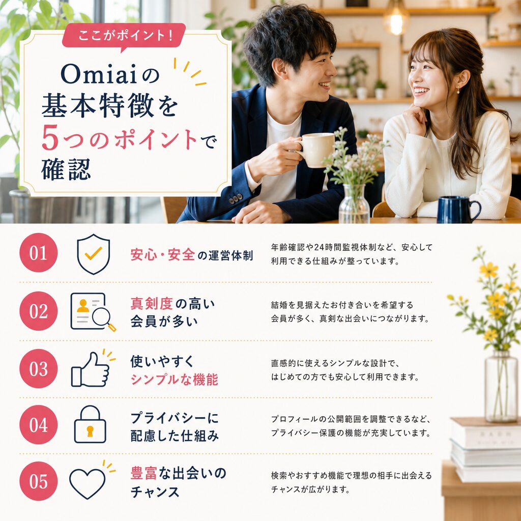 Omiaiアプリの画面イメージと5軸スコアのビジュアル