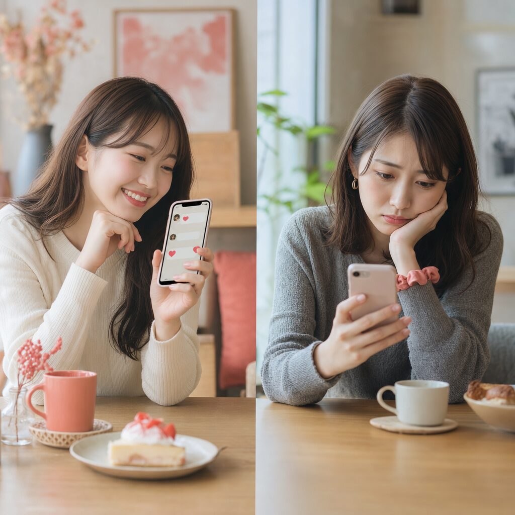 マッチング成功の笑顔の女性と落ち込んでいる女性の対比イメージ