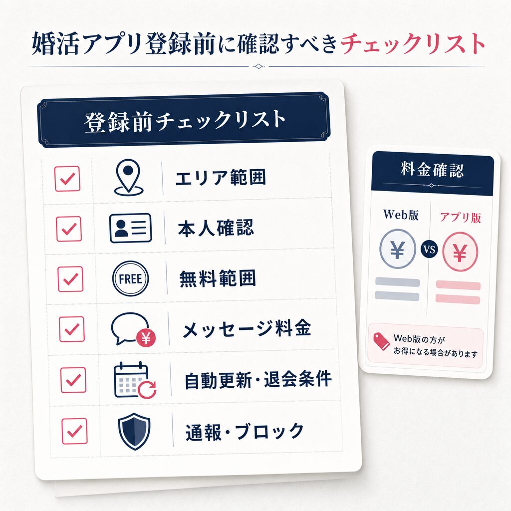 婚活アプリ登録前の確認事項チェックリスト（本人確認・料金・退会方法など）